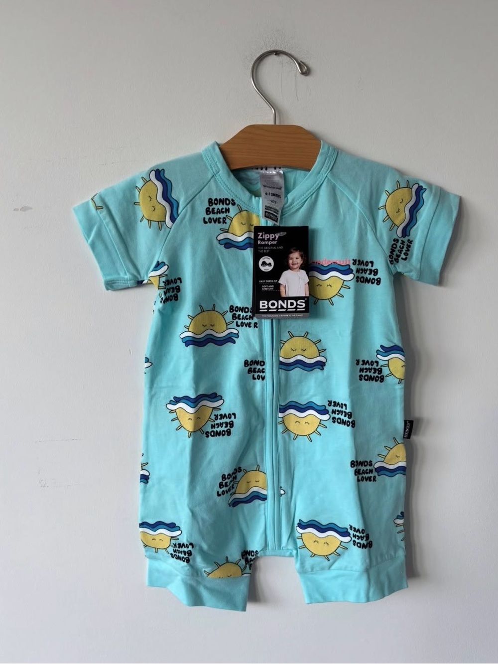 Bonds Zippy One-Piece in Aqua with Yellow Sun Print